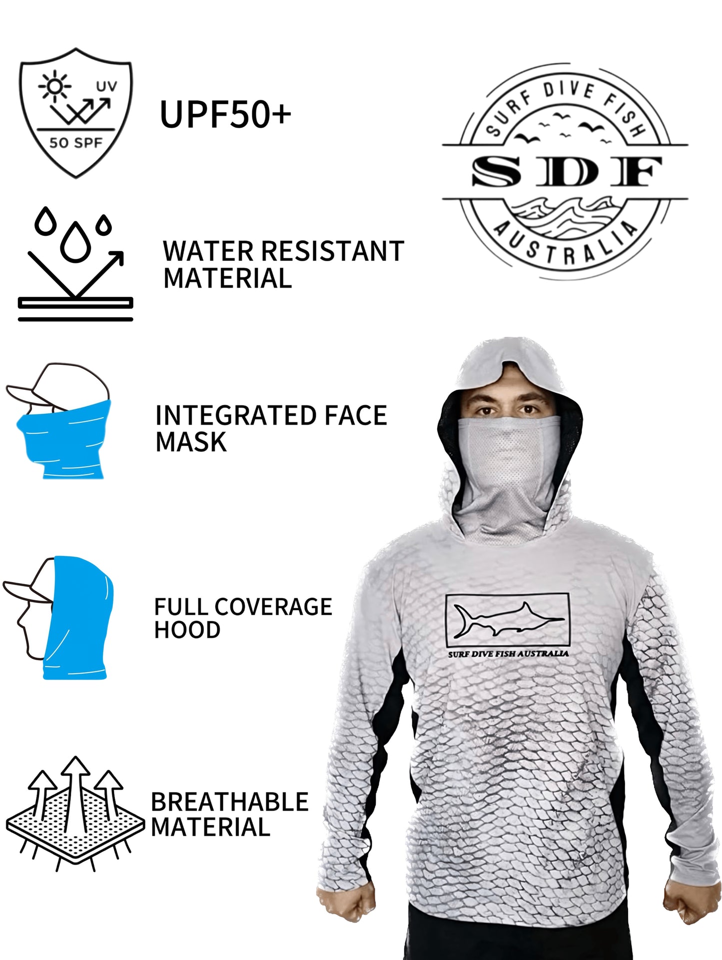 UV Fishing Shirt - UPF50+ Long Sleeve sun protection clothing with gaiter mask and hood