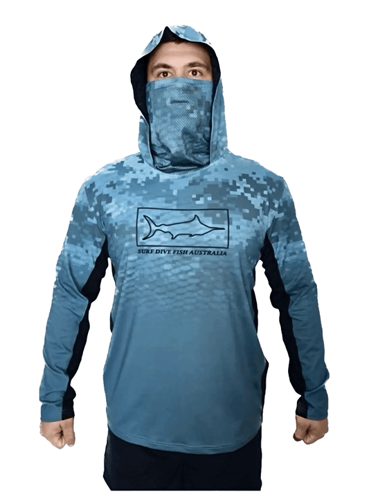 UV Fishing Shirt - UPF50+ Long Sleeve sun protection clothing with gaiter mask and hood