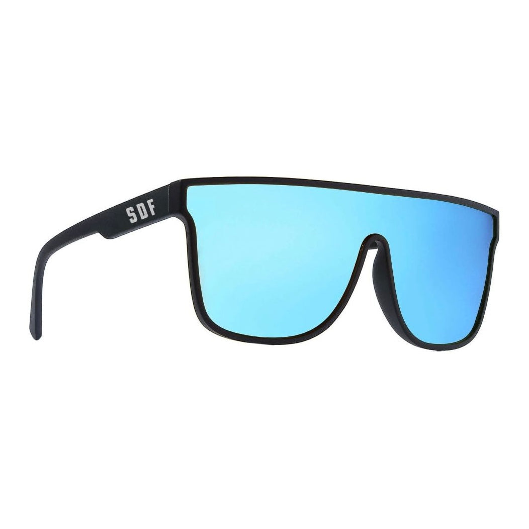 A pair of SD F sunglasses with a reflective UV400 one-piece polarised black frame and TR90 sunnies.